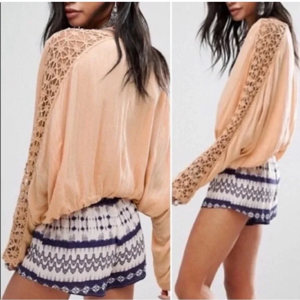 Free People NWT Runaway Peach Crochet Sleeve Blouse XS